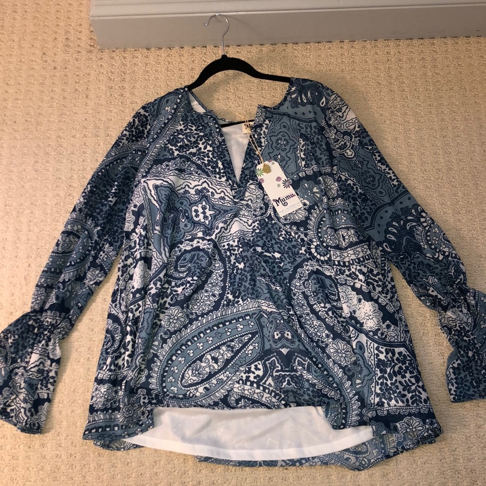 blue/white pattern MuMu shirt
